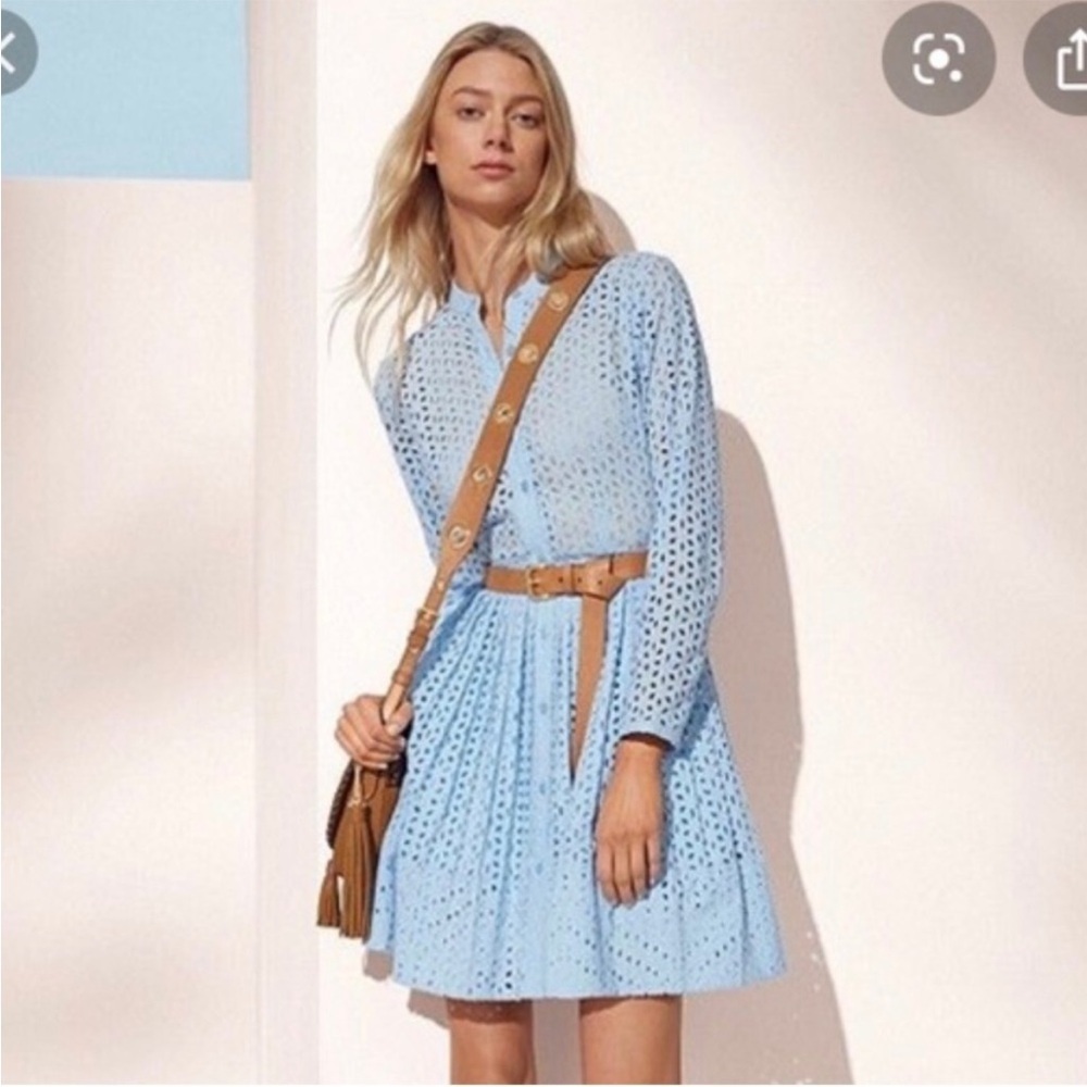 Michael Kors Eyelet Dress Cotton Fit Flare Blue Size 2 Feminine button down